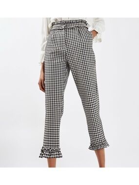 TOPSHOP Black Gingham Ruffle Hem Pants, High Waisted, straight leg, SZ 12